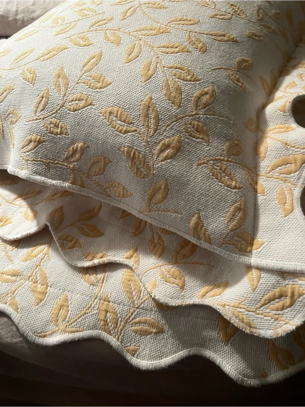 Cream and Gold Embroidered Leaf Decorative KING Shams Set